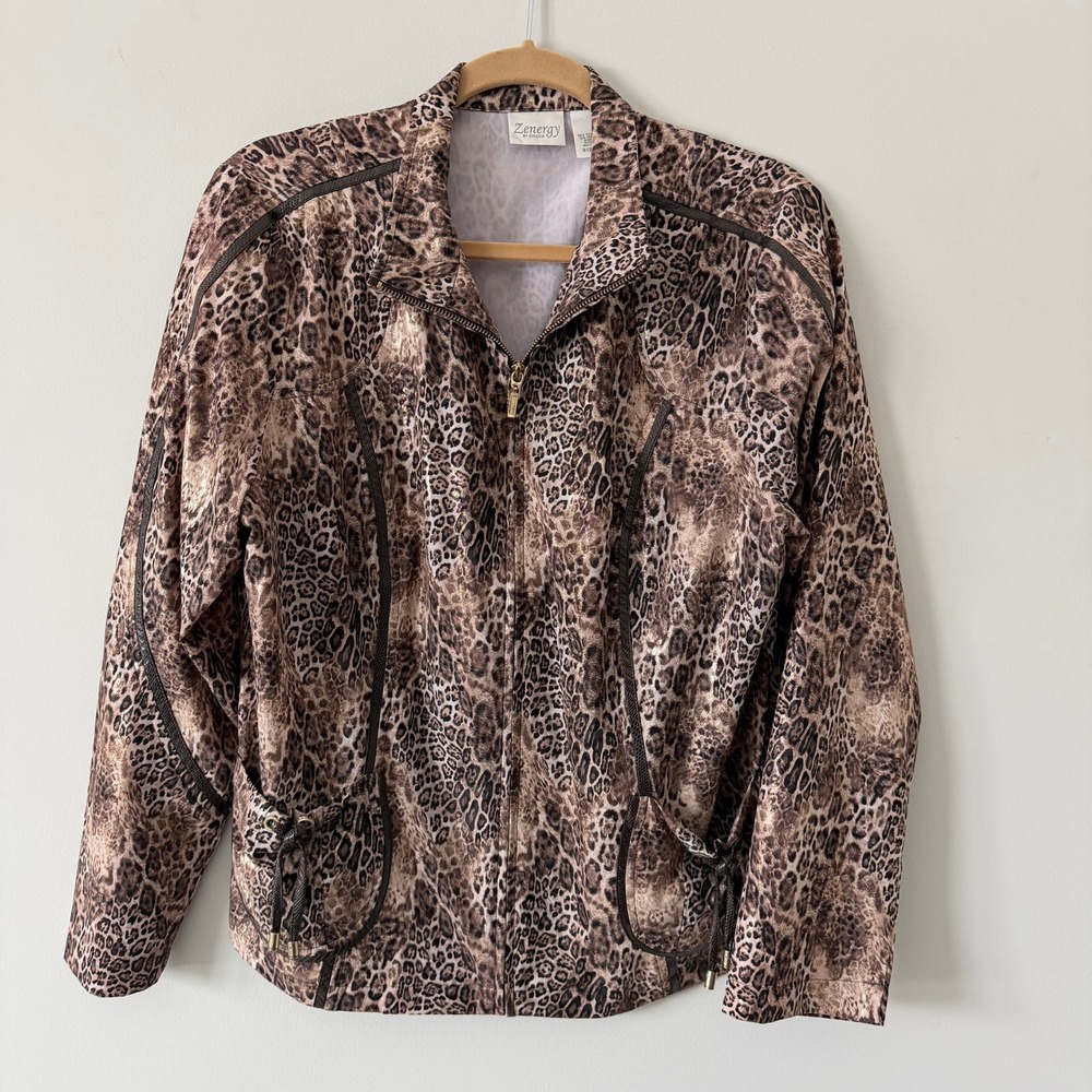 Zenergy by Chicos Leopard Print Full Zip Track Jacket Brown Animal Print Size 2